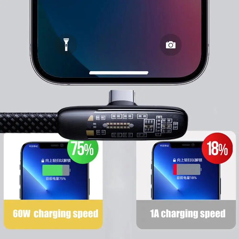 High-Speed Right Angle USB-C Charging Cable - 60W Flat Nylon Braided