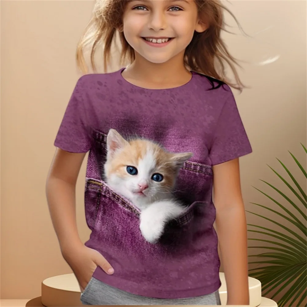 2024 Girl Clothes Short Sleeve Children's Clothing 2 to 8 Years One Piece Cat Graphic T Shirts Kawaii Tops Boys Summer Clothes 5
