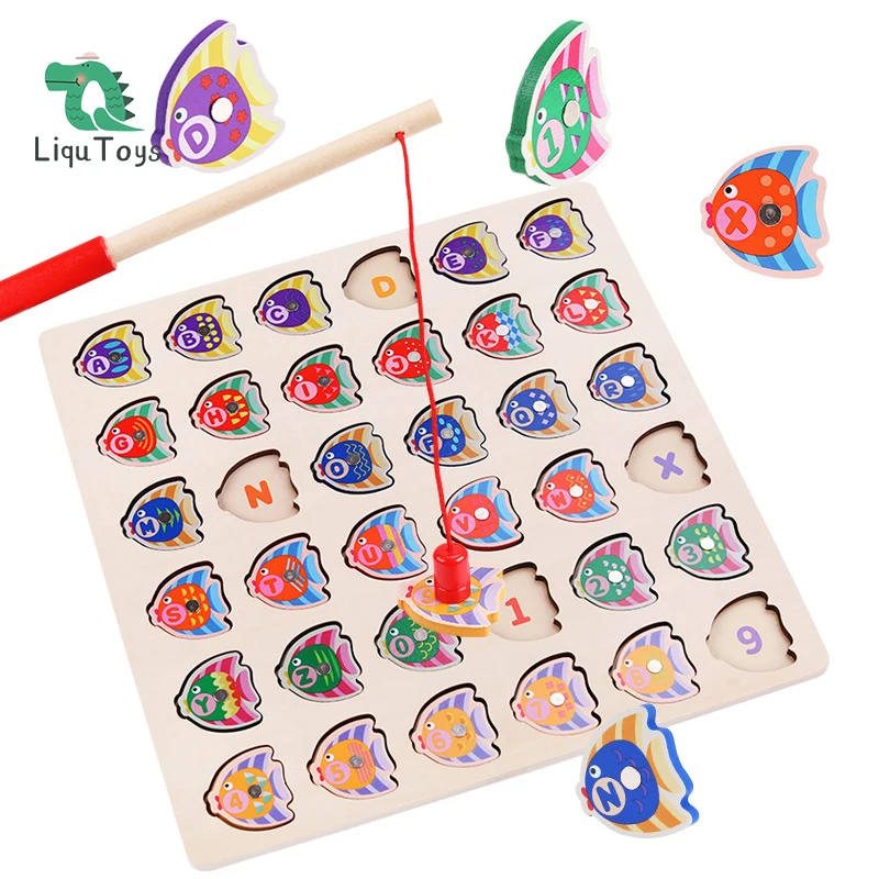 

LIQU Magnetic Wooden Fishing Game Toy for Toddlers - Alphabet ABC Fish Catching Counting Learning Education Math