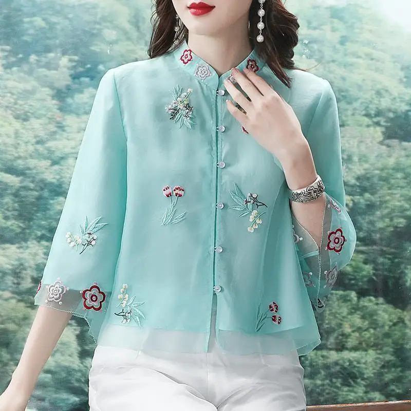 Spring and Autumn Ethnic Style Tang Suit Coat Retro Embroidery Button Chinese Top Women's Top Elegant Loose Blouse Chinese
