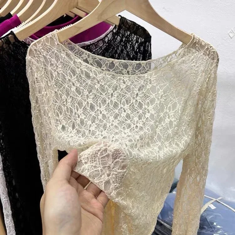 Women Lace Mesh High Collar Bottom T-shirts Female Long Sleeve Autumn Casual Style Tight Thin Tops T-shirts Women Clothes