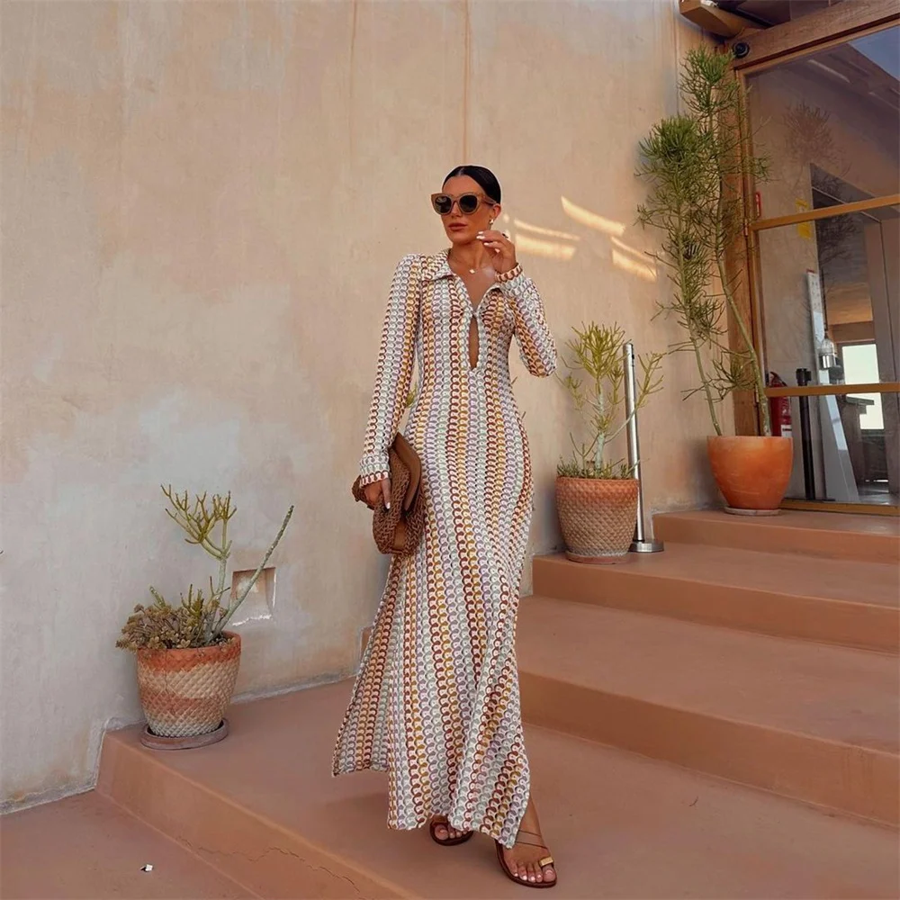 

Boho Colorful Striped Crochet Knitted Long Dress for Women Autumn Fashion Lapel Deep V-neck Long Sleeve Slim Female Robes