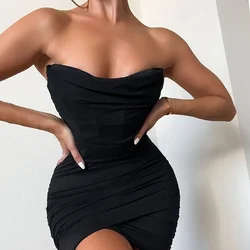Vestido de corsé sin tirantes para mujer, Sexy, fruncido, doble capa, forro, malla elástica antideslizante, ajustado, corto, negro