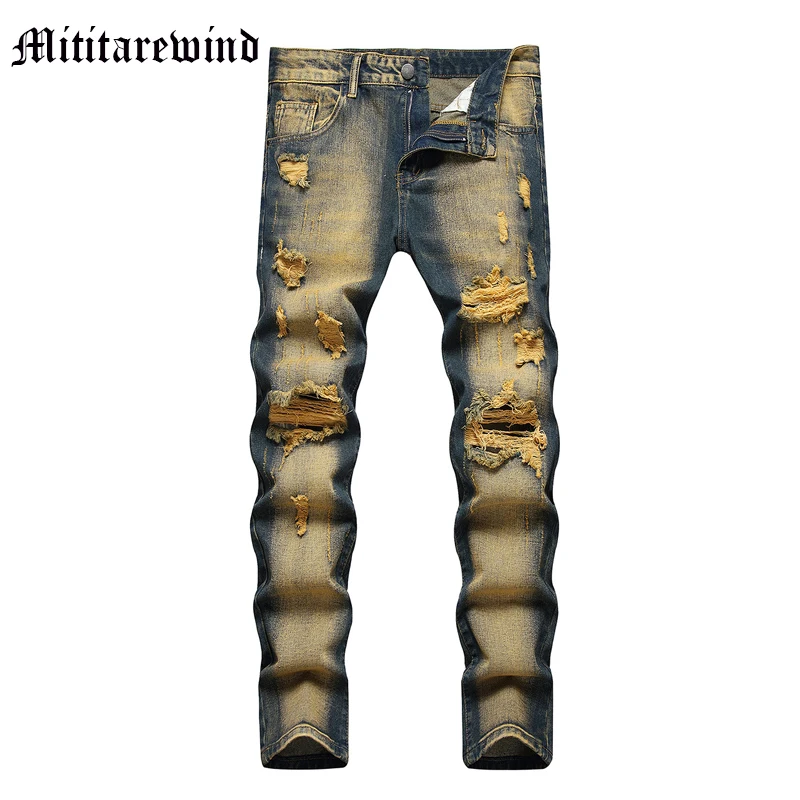 

Slim Jeans For Men's Distressed Pants Vintage Ripped Frayed Male Micro Stretch Trousers High Street Casual Full Length Hip Hop