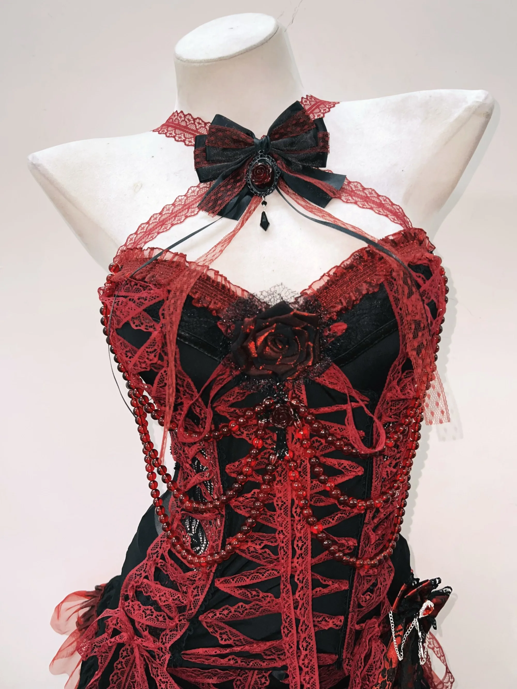 Red Lace Beaded Top and Skirt 4