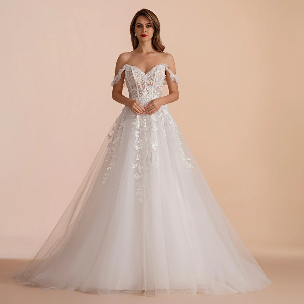 BEPEITHY A Line Sweetheart Bride Wedding Party Dresses 2023 Sleeveless Sweep Train Drop Shoulder Lace Ivory White Bridal Gown