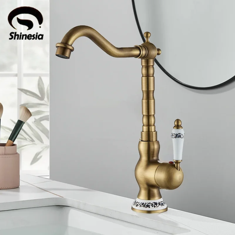 Shinesia Antique Brass Gourmet Kitchen Faucet Deck Mounted Bathroom Basin Sink Hot and Cold Water Mixer Taps