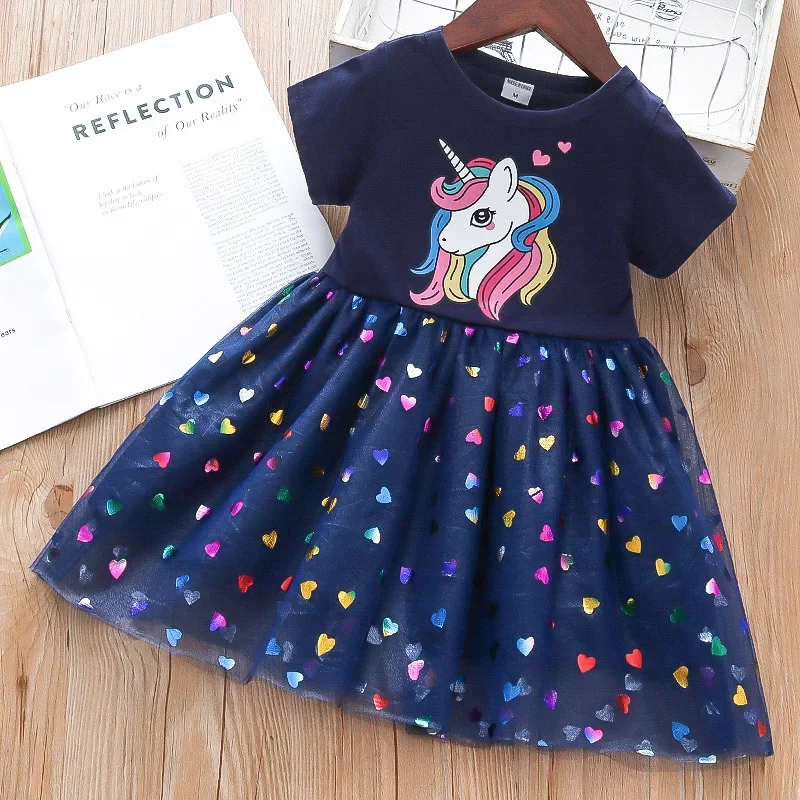 Girls Dress Cotton Cartoon Unicorn Splicing Mesh Party Princess For 2-6 Years Girls Birthday Clothes Summer