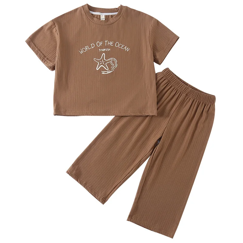 2025 Summer Kids Sleepwears Set Boys Cute Starfish Letter Home Suit Cotton Soft Children Girls Thin Pajamas Loungewears 5