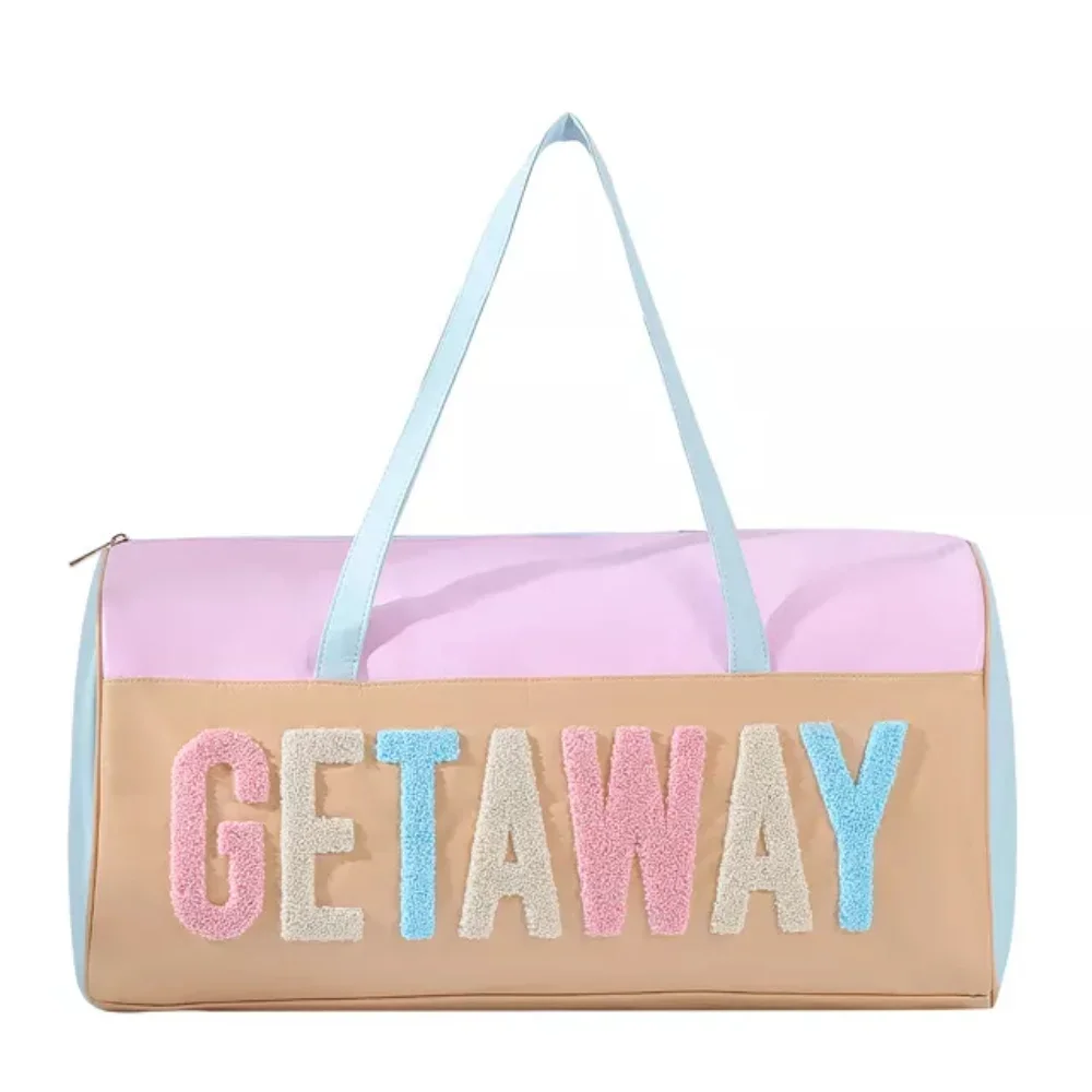 Fashion PU Leather Duffle Bags Women Cute Sewn on Patches Weekender Overnight Bag Ladies Large Capacity Travel Luggage Bag