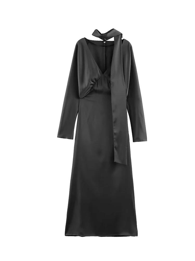 Women Scarf Solid Elegant Dresses V Neck Long Sleeve Fashion Slim Fit Sexy Club Streetwear Female Chic Evening Party Long Dress