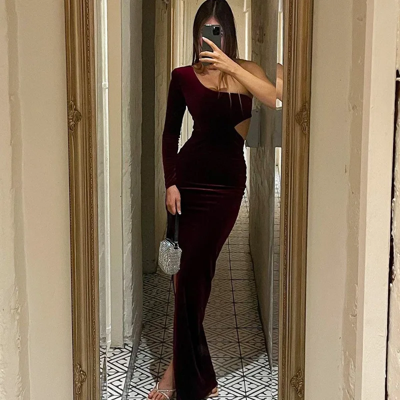 

Women's Winter New Fashion Sexy Side Hollow Slit Slim-Fitting One-Shoulder Dress Wholesale-HT