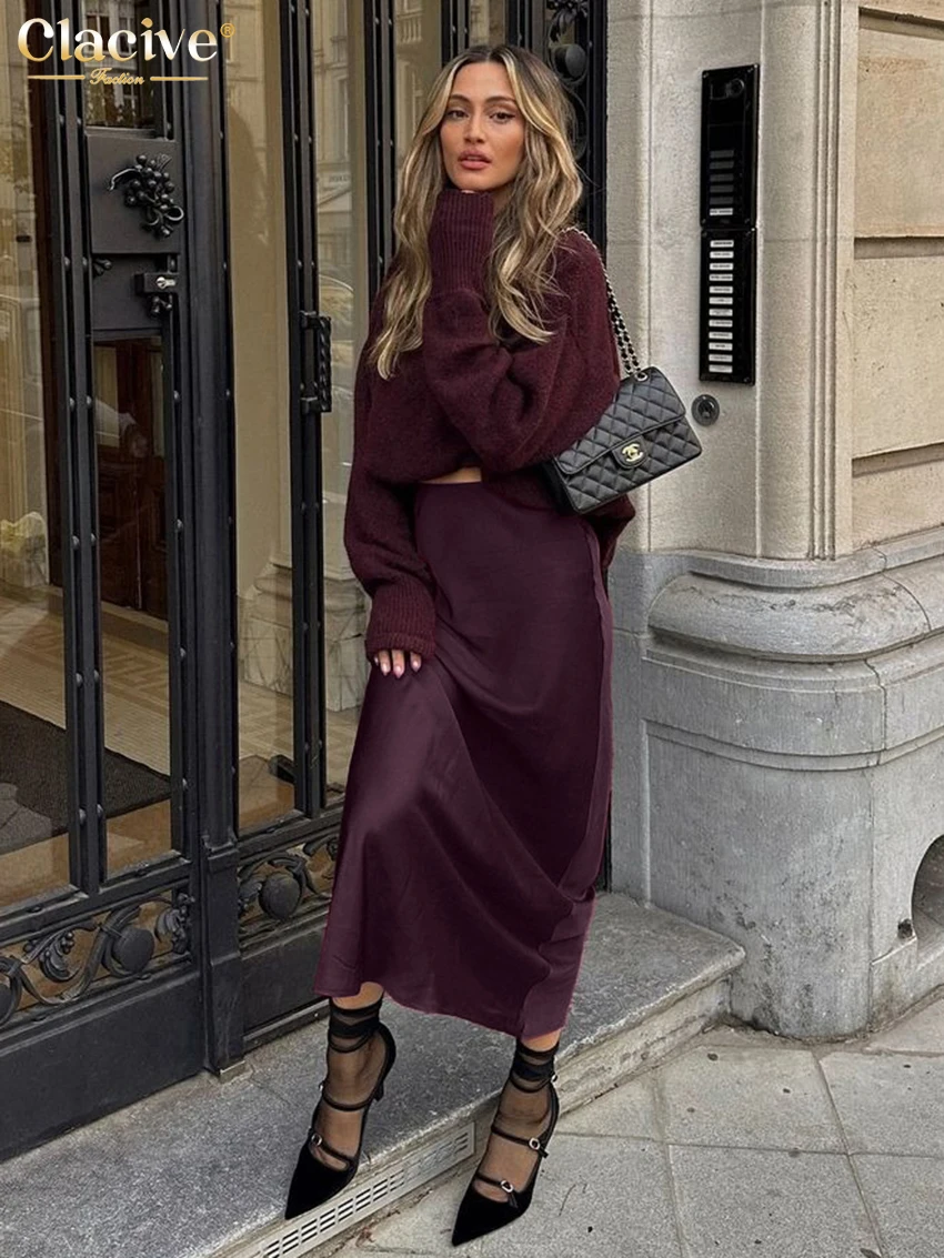 Clacive Fashion Loose Wine Red Satin Skirts For Women Elegant High Waist Ankle Length Skirt Casual Simple Skirt Female Clothing 2