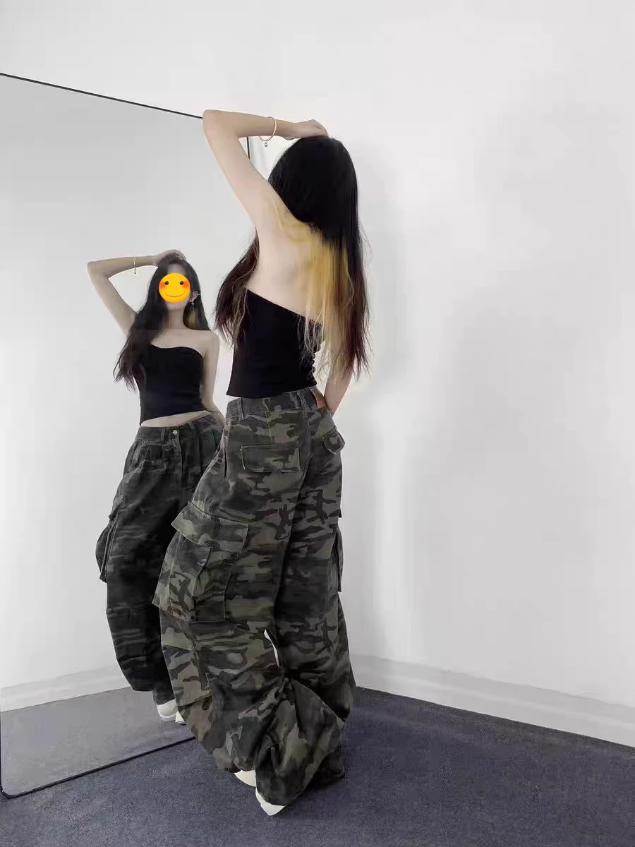 American High Street Retro Large ket Wide Leg Waed Camouflage Jeans Loose Straight Long Pants for Men And Women Casual L...