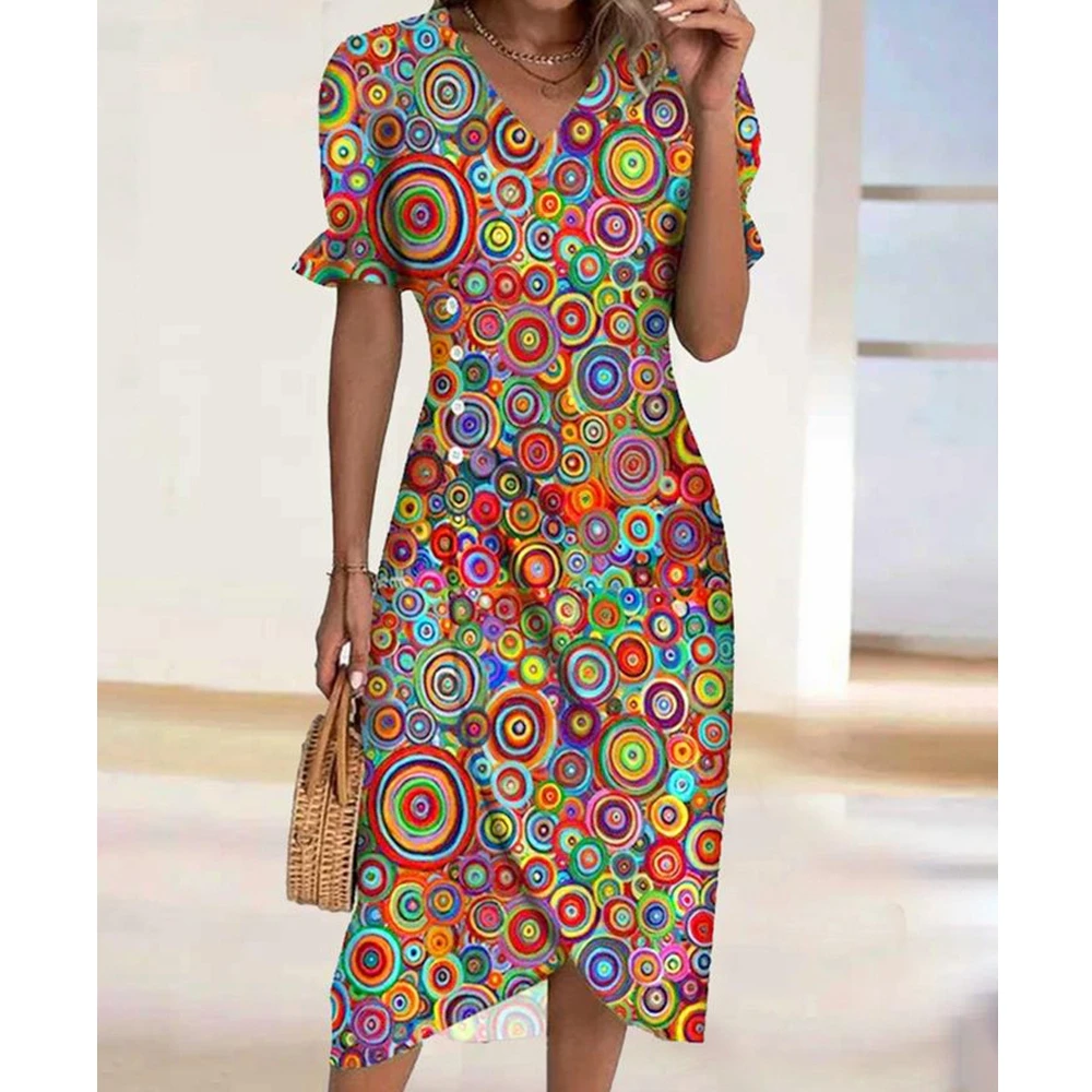 

Wepbel Dress Women Short Sleeve Sheath V-neck Multicolor Mid-Length Dress Slim Fits High Waist Retro Summer Midi Casual Dress