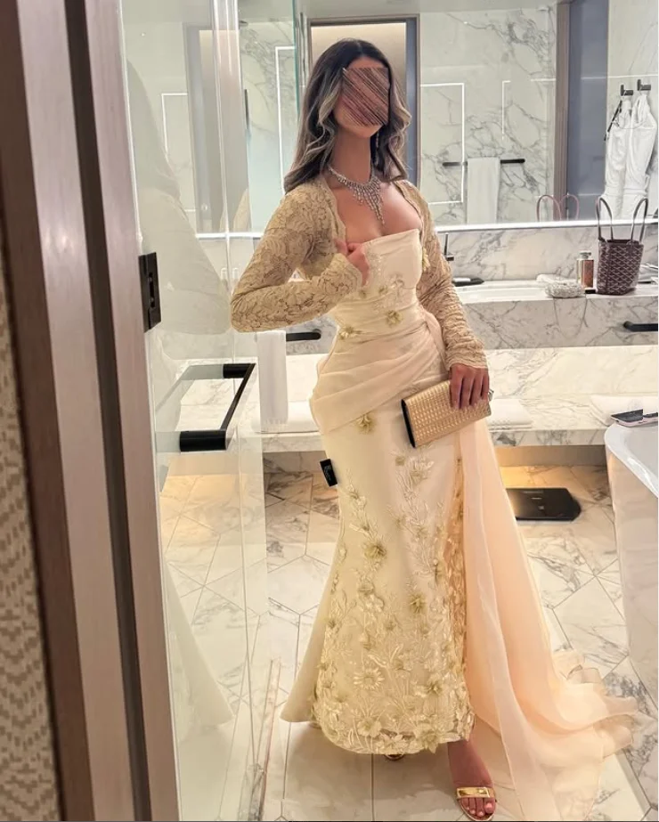 Champagne Mermaid Prom Dresses with Detachable Train Long Sleeve Applique  Floral | eBay