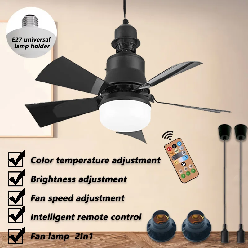 All-Copper Motor Ceiling Fan Lamps with Remote Control E27 Infinitely Dimmable 3-Speed Wind Removable Silent Stable Led Lamp