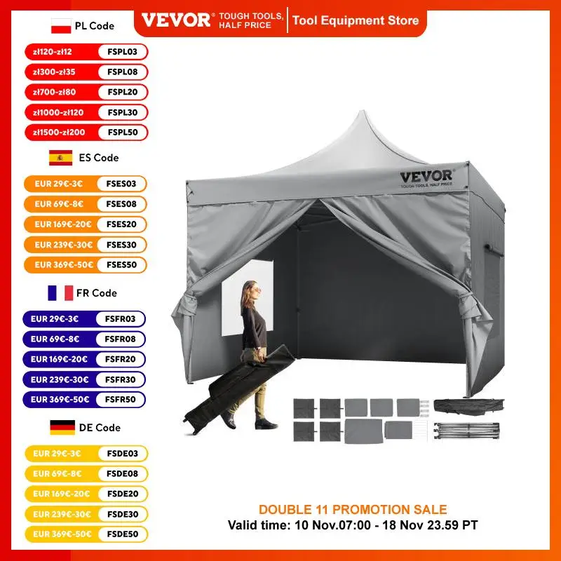 VEVOR 10x10 FT Pop up Canopy with Removable Sidewalls Portable Gazebo & Wheeled Bag UV Resistant Waterproof Tent for Patio