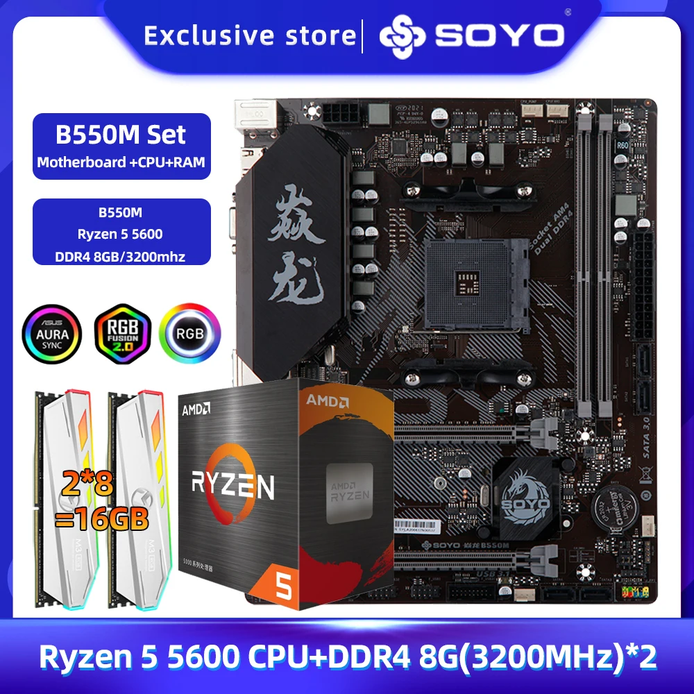  SOYO AMD B550M Motherboard with Ryzen 5 5600 CPU 3.5 GHz Set & Dual-Channel RAM DDR4 8GBx2 3200MHz RGB for Desktop Computers 