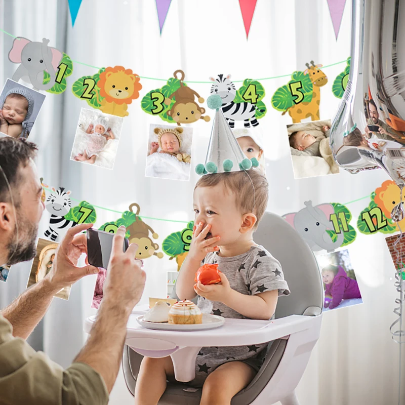 Ghirlanda Foto Compleanno 12 Mesi | Banner Fotografico Tema Giungla Con Clip Legno | Decorazione 1° Compleanno - Foto 6