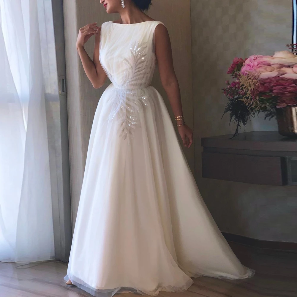 

ROSELLA O Neck Sequins White Evening Dresses For Women Appliques Floor Length A Line Formal Party Prom Gown New 2023