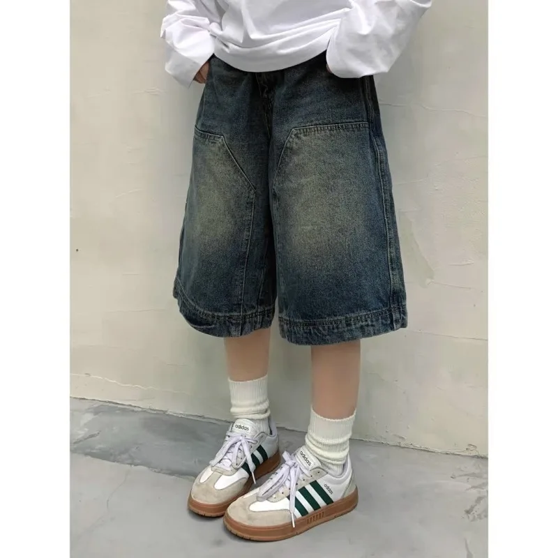 

Denim Shorts American Retro Style Washing Style for Men and Women Straight Cylinder Wide Legs Make Old Leisure Cropped Pants