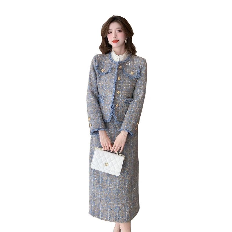 

Women's retro shiny silk tassel jacket+half skirt 2 pcs set, new spring and autumn season small fragrance style set