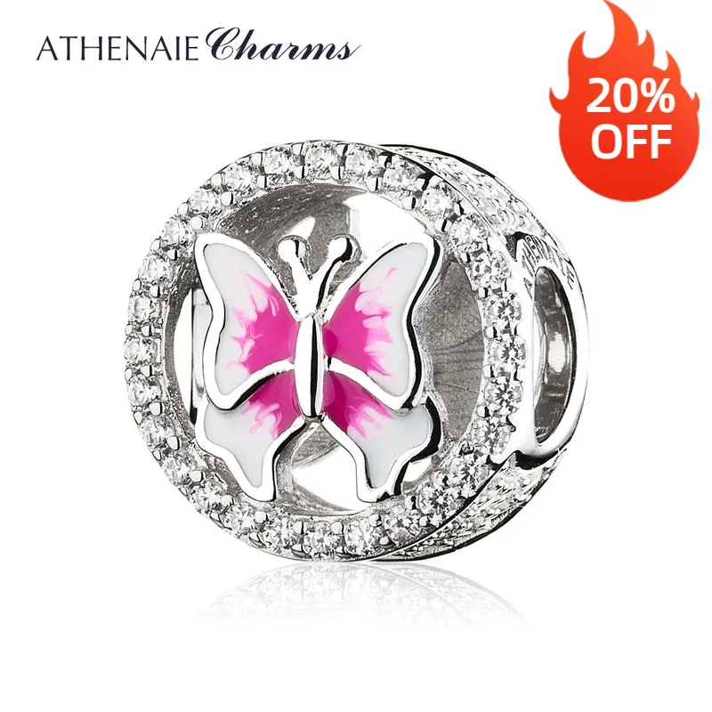 ATHENAIE 925 Sterling Silver with CZ Rose Red Enamel Fluttering Butterflies Bead Charms