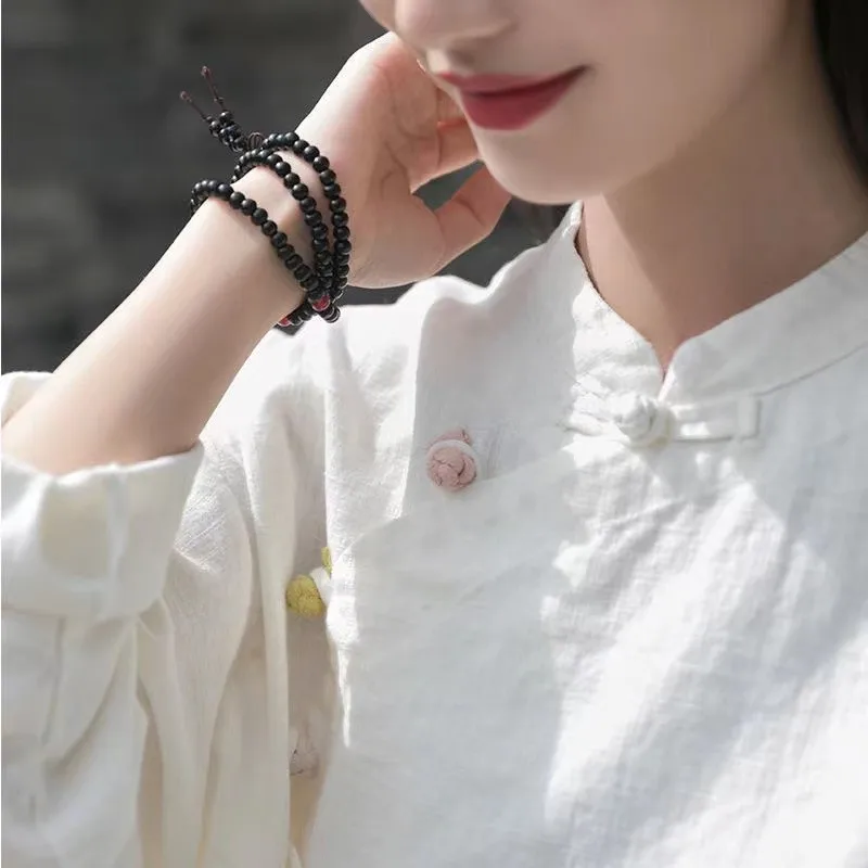New Chinese Style Women's Tang Suit Traditional Clothes Ethnic Long Sleeve Vintage Top Hanfu Ladies Linen Clothing For Women 2XL