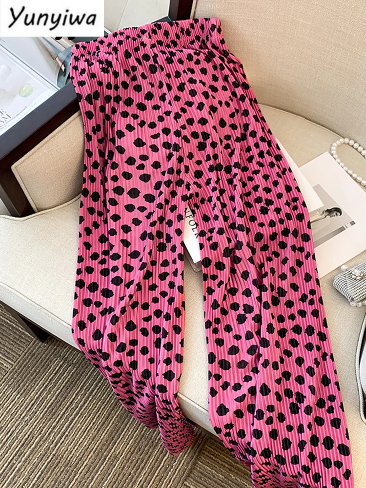 

Женские брюки с розовым леопардовым принтом, винтажные повседневные брюки с эластичным поясом и широкими штанинами, летние Джоггеры для улицы.