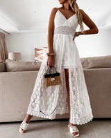 Summer V Neck Solid Color Lace Hollow-Out Sleeveless Sling Party Wear High Waist Rompers Holiday Casual White Women's Jumpsuit - Image 3