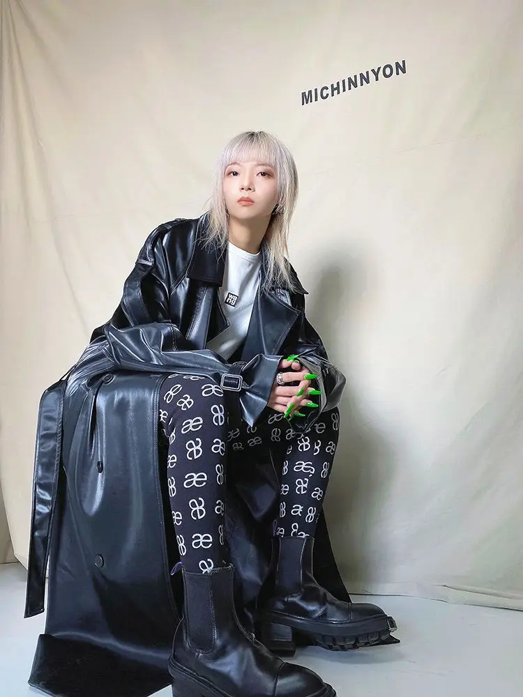 ADAgril Black Leather Trench Coat Women Retro Biker Long Windbreak Jackets Loose Korean Style Fashion Autumn Winter Clothes New