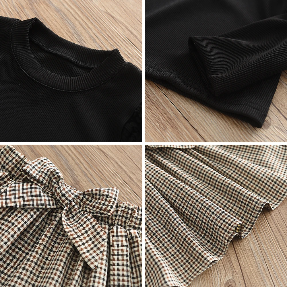 Girls' Set Autumn Children's Round Neck Top Bow Plaid Short Skirt Hat Three Piece Children's Fashion Set