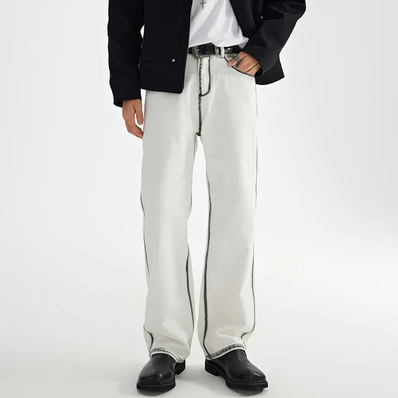 

Autumn and winter new high street design jeans for men look skinny straight leg white wide-leg pants