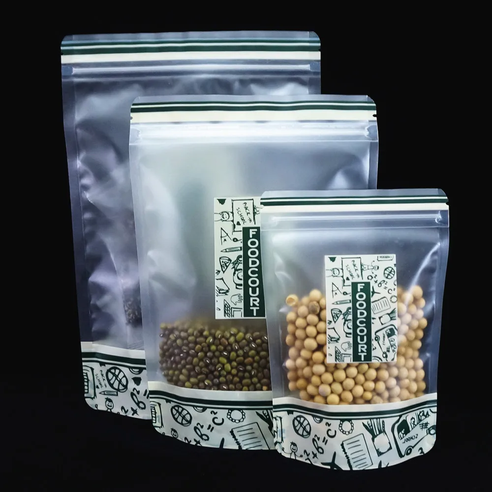 

100pcs Matte Transparent Stand Up Zip Lock Bags with Green Pattern Printing - Zipper Grip Resealable Plastic Pouch Candy Package