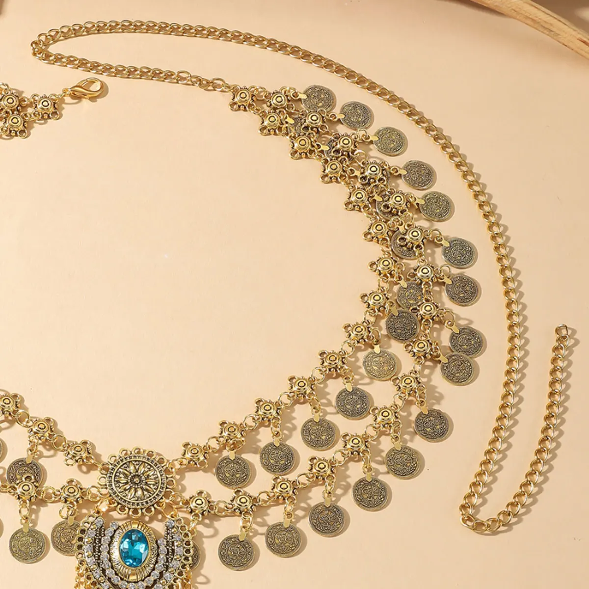 Exaggerated Retro Blue Rhinestone Tassel Metal Waist Chain for Women Luxury Double Layered Craved Coin Belt Chains Body Jewelry