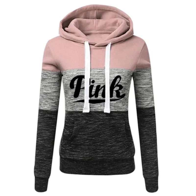 Pink Letter Print Womens Tracksuit Tri Color Splicing Hooded Sweatshirts Fashion Trend Pullover Street Warm Casual Clothing 2