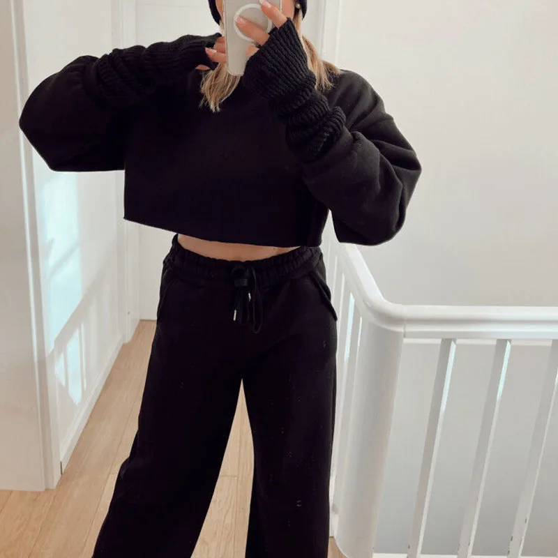 

Solid Women's Long Sleeve O Neck Sweatshirt Suits Fashion Sports Straight Pants Set Autumn Winter Loose Casual Tracksuit Outfits