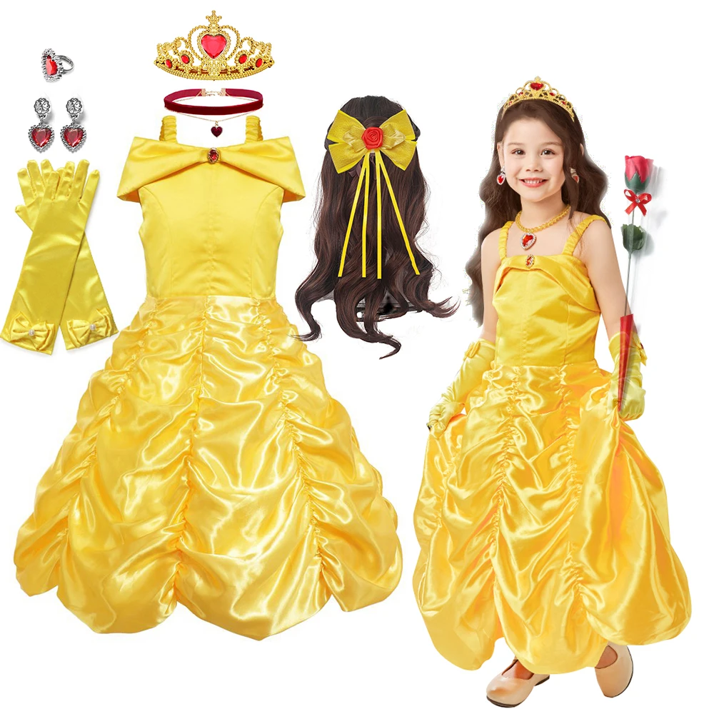 

Kids Belle Costume Dress Fancy Birthday Halloween Party Dress Up Gowns Disney Princess Off Shoulder Vestidos Carnival Cosplay