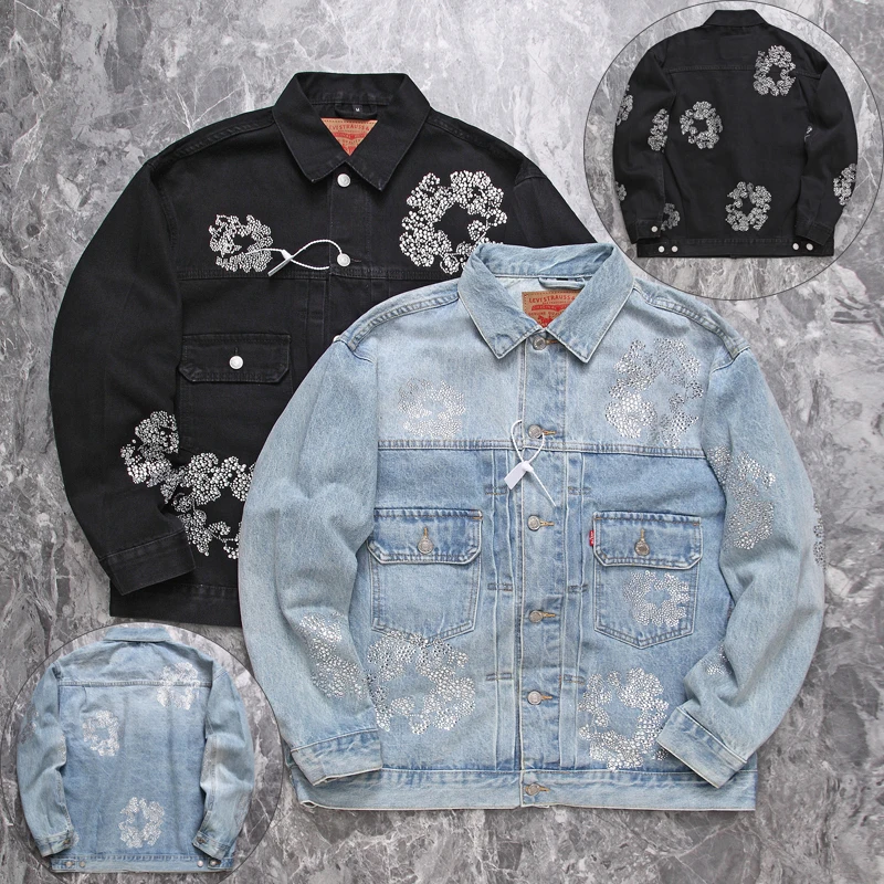 

Washed Inlay Gem Jeans Jacket Women 1:1 Best Quality Kanye Heavy Fabric Oversized Denim Jacket