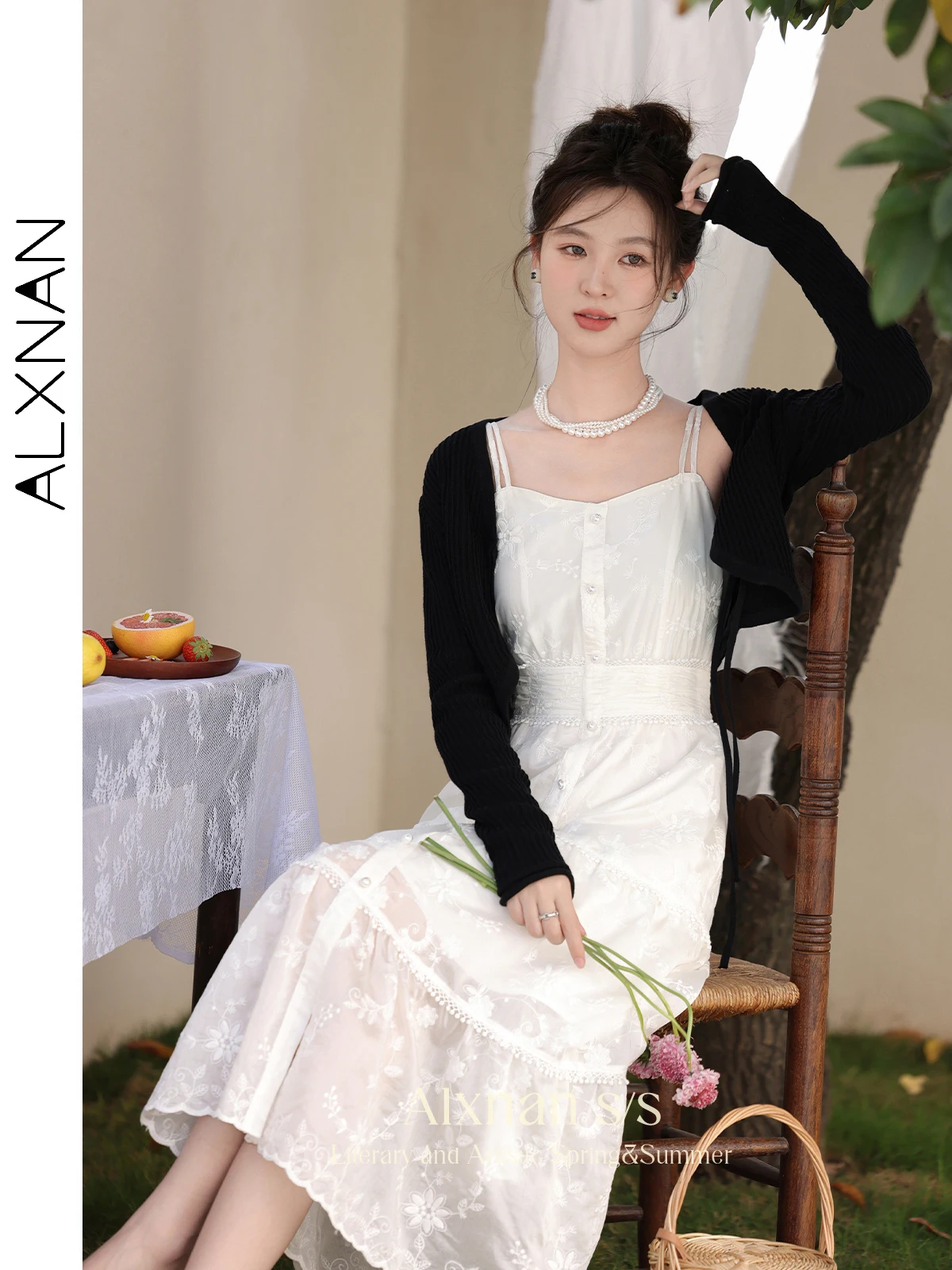 ALXNAN 크롭 블랙 레이스업 니트 가디건, V넥 긴팔 상의, 여성 스웨터 코트 니트웨어, L33837SY, 2024 용수철 여름
