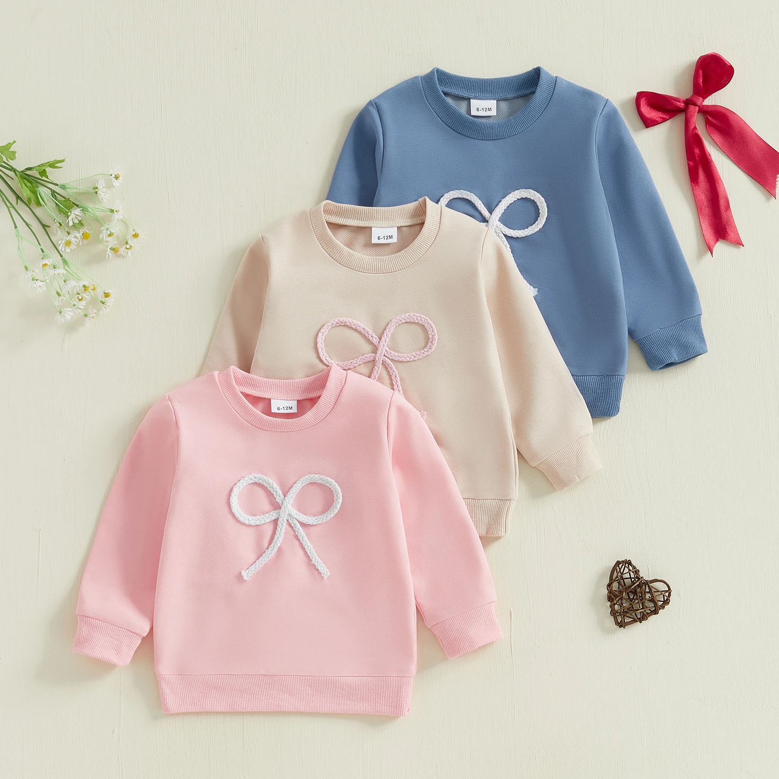 Toddler Baby Girl Bow Embroidery Sweatshirt Casual Infant Cotton Jumper Children Round Neck Long Sleeve Top Children Clothes