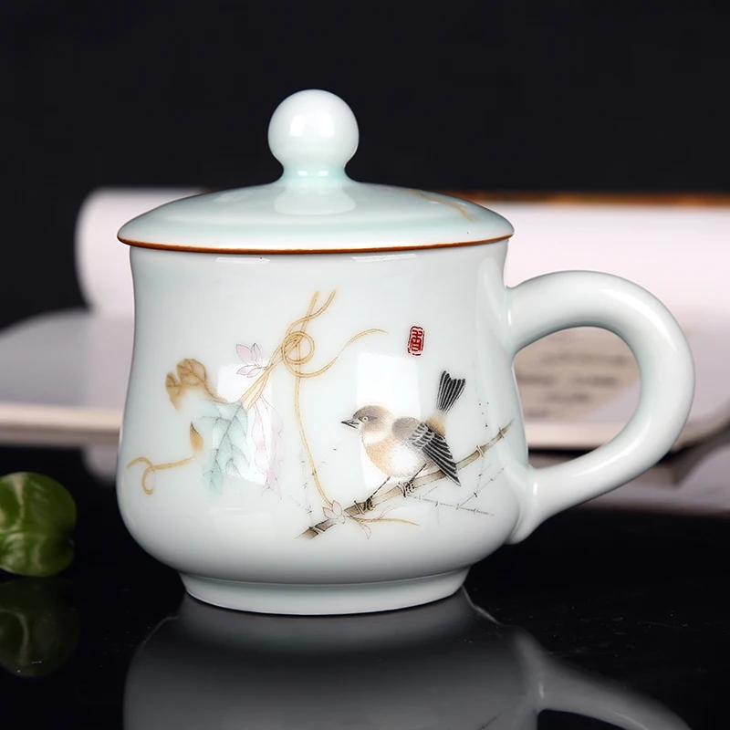 Chinese Style Pattern With Cover Ceramic Personal Tea Mug Creative Household tea service items Milk Water Coffee Cup, 300ml, 1Pc