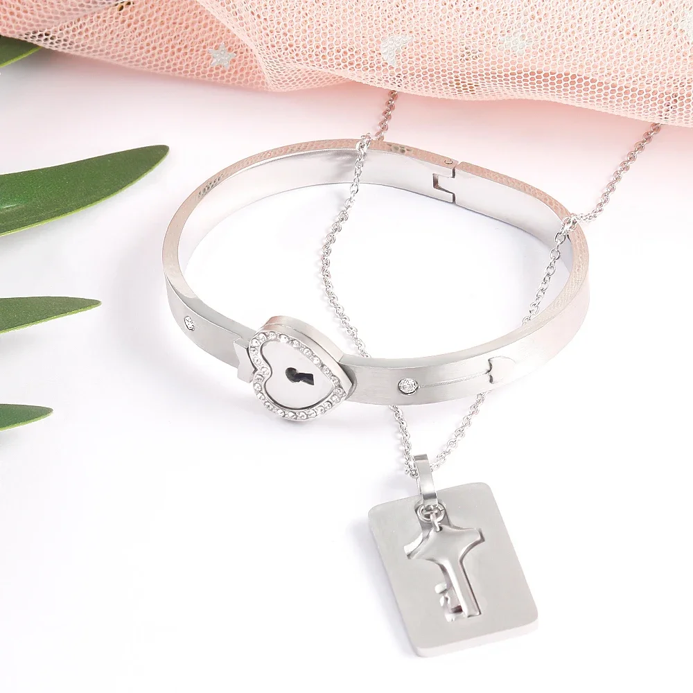 Couple  Jewelry Stainless Steel Bracelet Love Heart Lock Bracelets Key Pendant  Necklace for Women Men Couples Set  Jewelry Gift 6