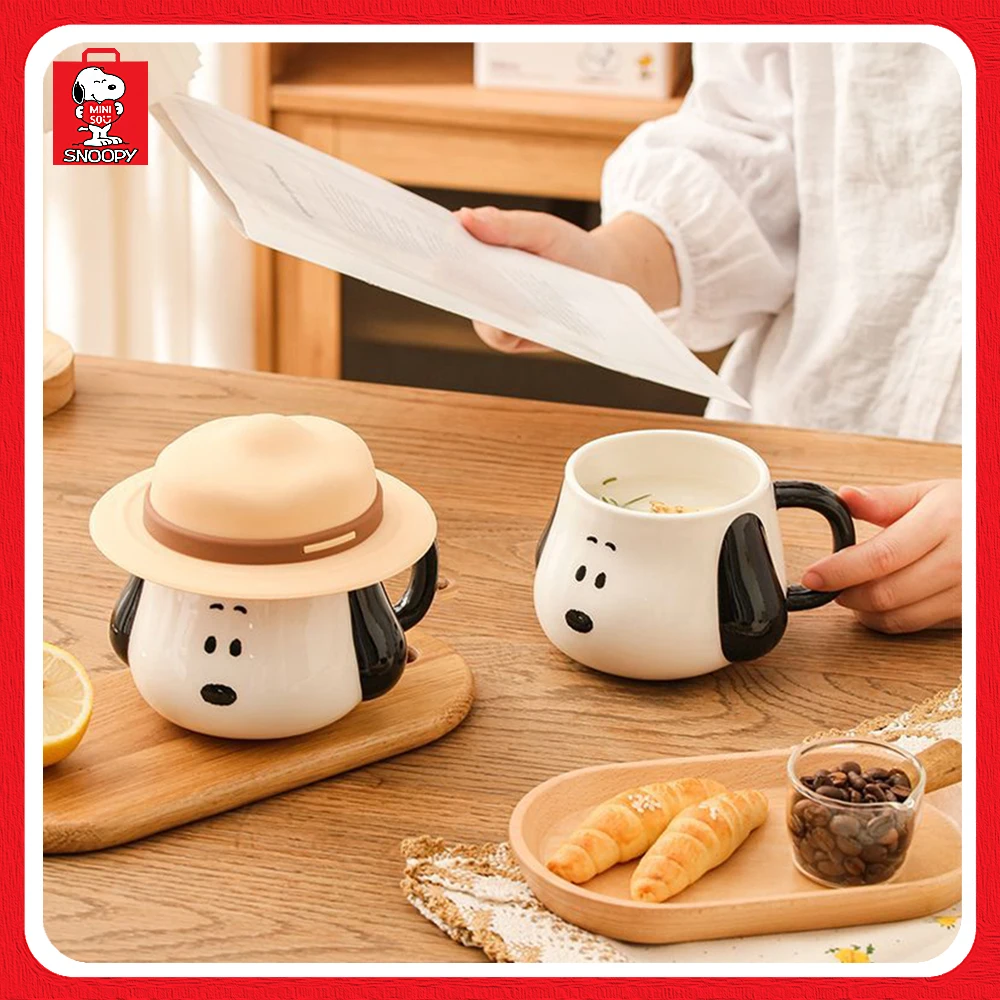 

Милая Соломенная шляпка Miniso Snoopy, чашка 500 мл, мультяшная керамическая кружка с крышкой, специальная чашка для завтрака, чашка для воды для дома и офиса, подарок на день рождения