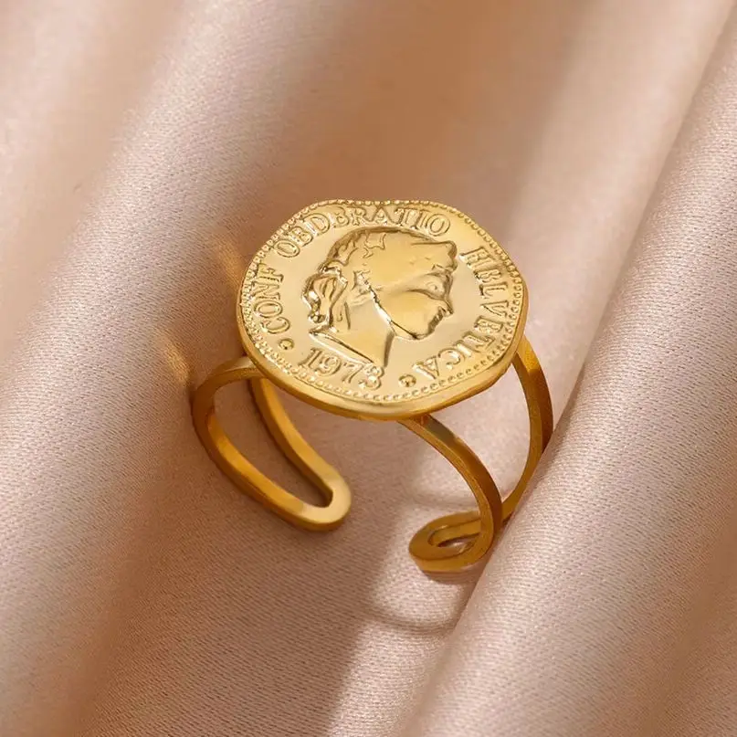 Stainless Steel Round Portrait Open Rings For Women