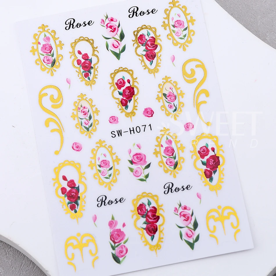 2pcs Elegant Flower Nail Art Stickers Bronzing Border Frame Rose Petal Leaf Self Adhesive Nail Decals Valentine's Manicure Decor