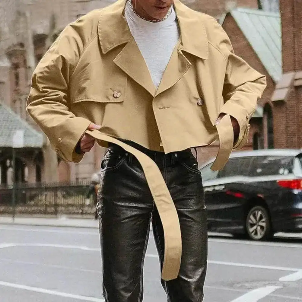 Outdoors Cropped Windbreaker Jacket Retro Style Lapel Long Sleeve Single Breasted Windbreaker With Belt Fashion Men's Clothing