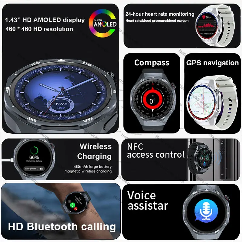 Smart Watch For Huawei GT5 Pro Men GPS Navigation AMOLED 4GB NFC Compass Clock Bluetooth Call