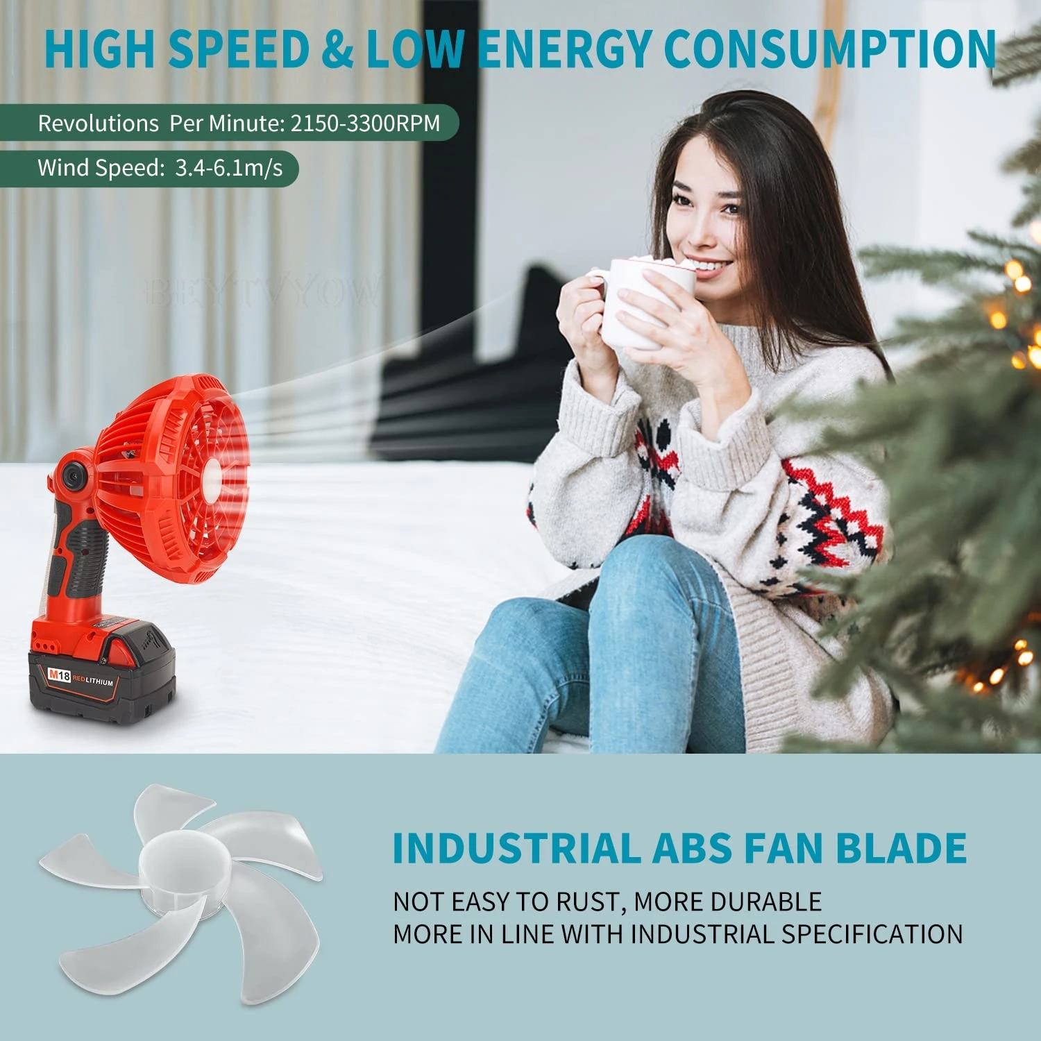 3300RPM Cordless Fan Compatible With Milwaukee 14.4-18V Battery With 300LM LED L